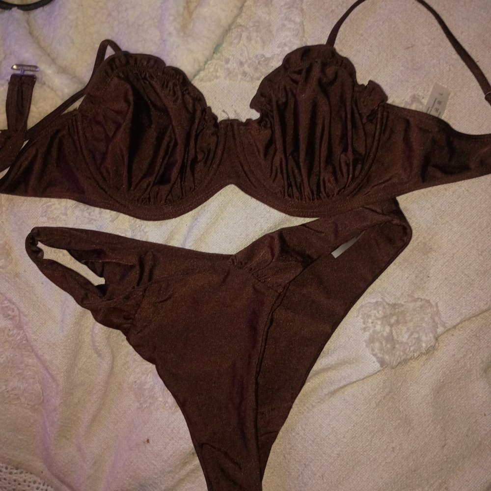 SHEIN Brown Ruched Underwire Bikini Set